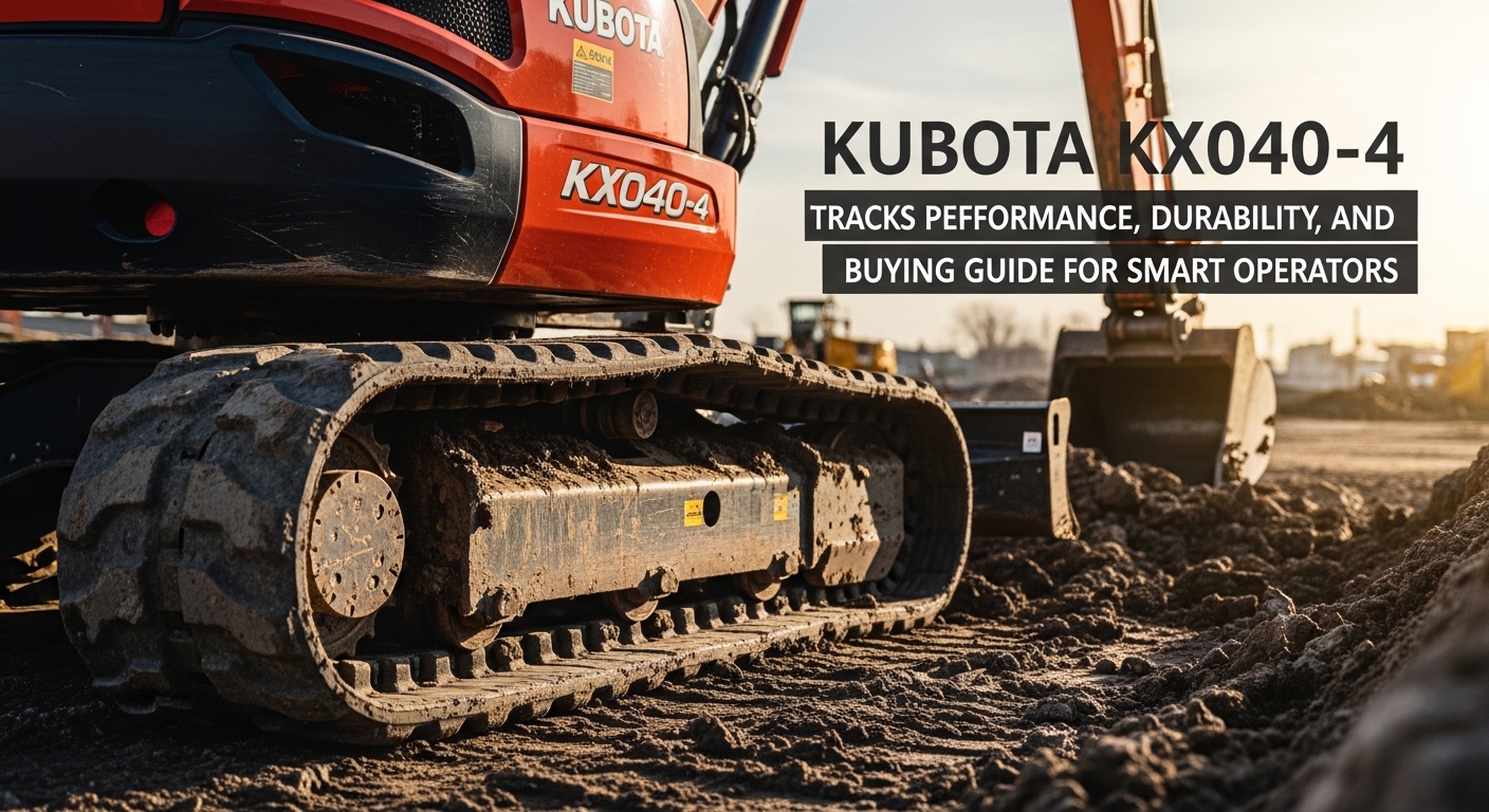 Kubota KX040-4 rubber tracks installed on a compact excavator, showing durable tread design for construction and landscaping work